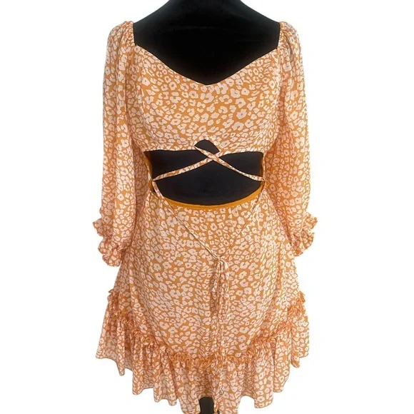 Floral Orange,white,adjustable cris cross cut out,mini,ruffle,Dress Large - Picture 3 of 7